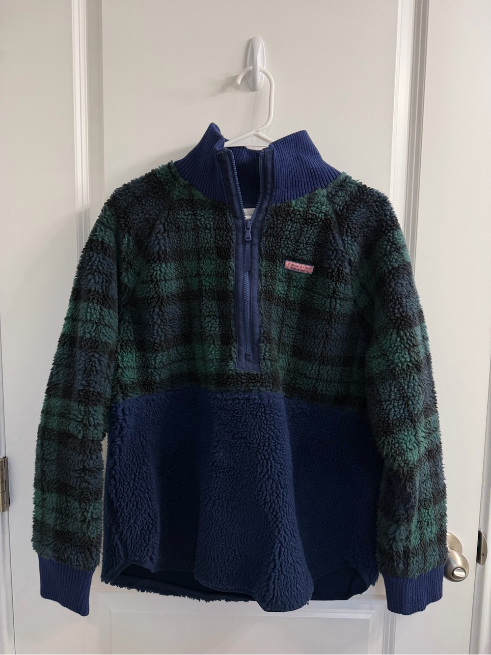 Vineyard Vines Green & Navy Plaid Sherpa Quarter-Zip Pullover